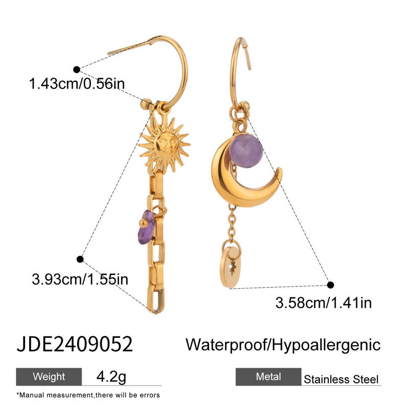Fashionable Stainless Steel Hammer Patterned Sun and Moon Earrings Niche Retro Earrings Women's Accessories