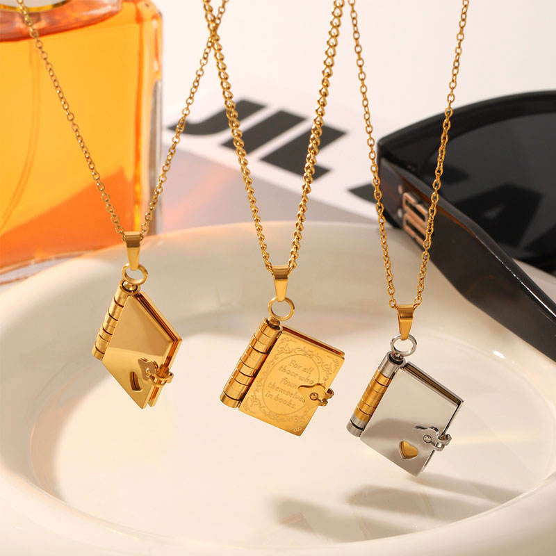 Long Charm Necklace Jewelry Stainless Steel Non Tarnish PVD 18K Real Gold Plated Book Necklace for Women Men Girls