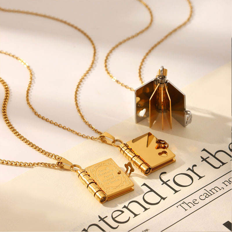 Long Charm Necklace Jewelry Stainless Steel Non Tarnish PVD 18K Real Gold Plated Book Necklace for Women Men Girls