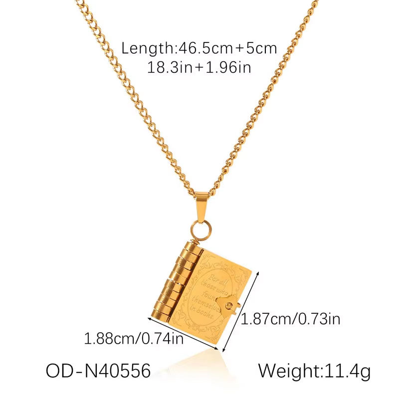Long Charm Necklace Jewelry Stainless Steel Non Tarnish PVD 18K Real Gold Plated Book Necklace for Women Men Girls