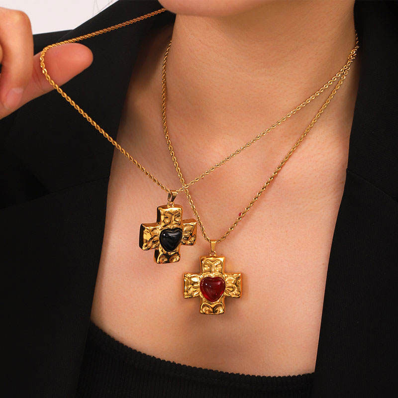 Korean Elegant Stainless Steel with Pendant Natural Stone Fashion 14K Gold Filled Heart Cross Necklaces for Women Girls