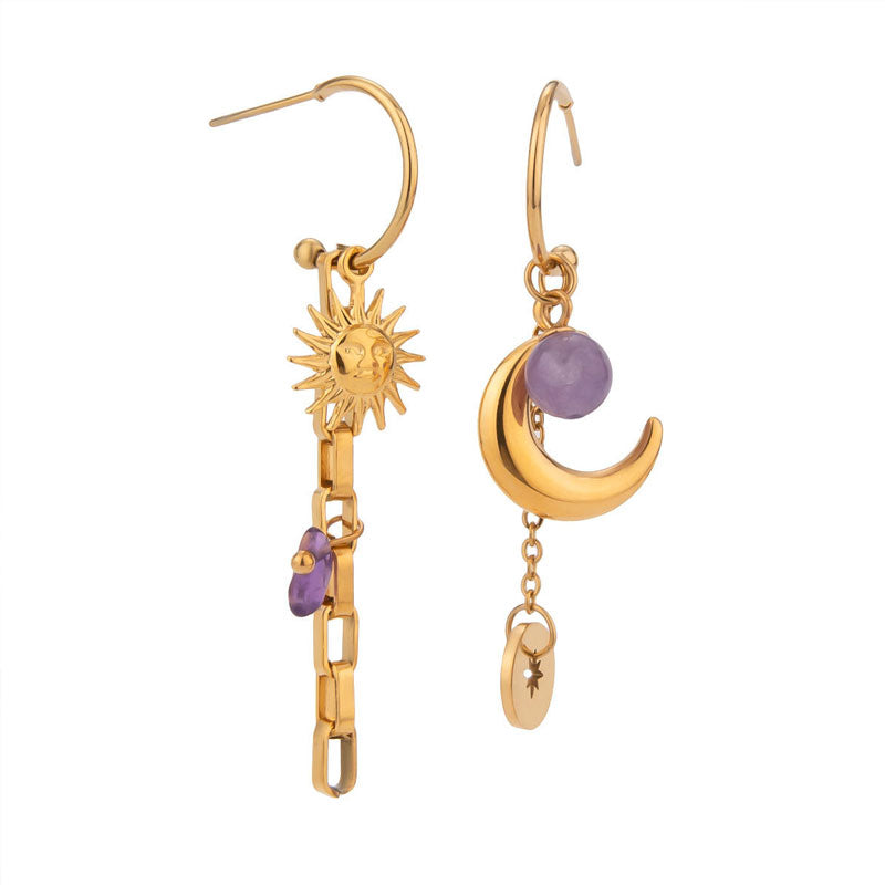 Fashionable Stainless Steel Hammer Patterned Sun and Moon Earrings Niche Retro Earrings Women's Accessories