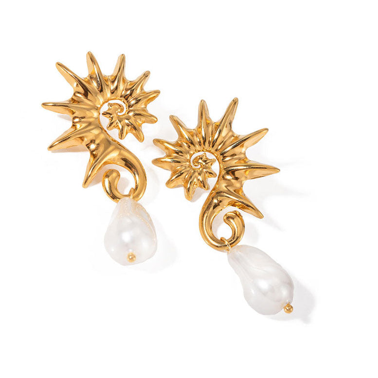 European and American Fashion 18k Gold Stainless Steel Earrings with Seahorse Thread Hanging Irregular Pearl Earrings