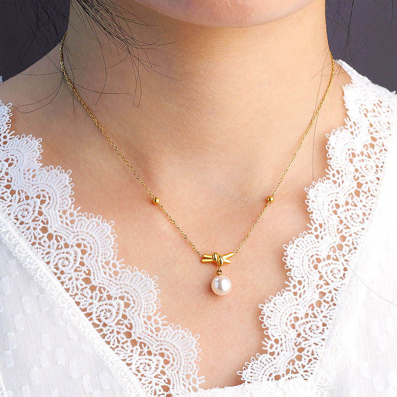 Korean Elegant Stainless Steel Necklace with Pendant Fashion 14K Solid Gold Tiny Pearls Necklace for Women Girls No reviews yet 62 sold #13 hot selling in Fash