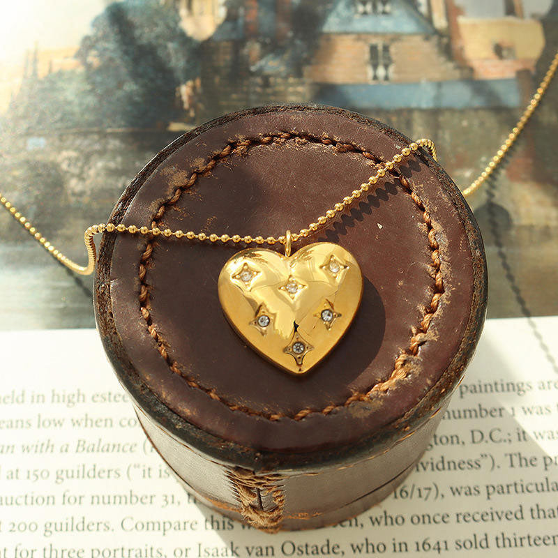 Elegant Korean Stainless Steel Necklace for Women Girls with 14K Solid Gold Heart Zirconia Pendant for Anniversary Occasions