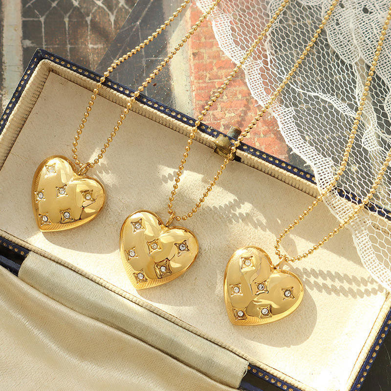 Elegant Korean Stainless Steel Necklace for Women Girls with 14K Solid Gold Heart Zirconia Pendant for Anniversary Occasions