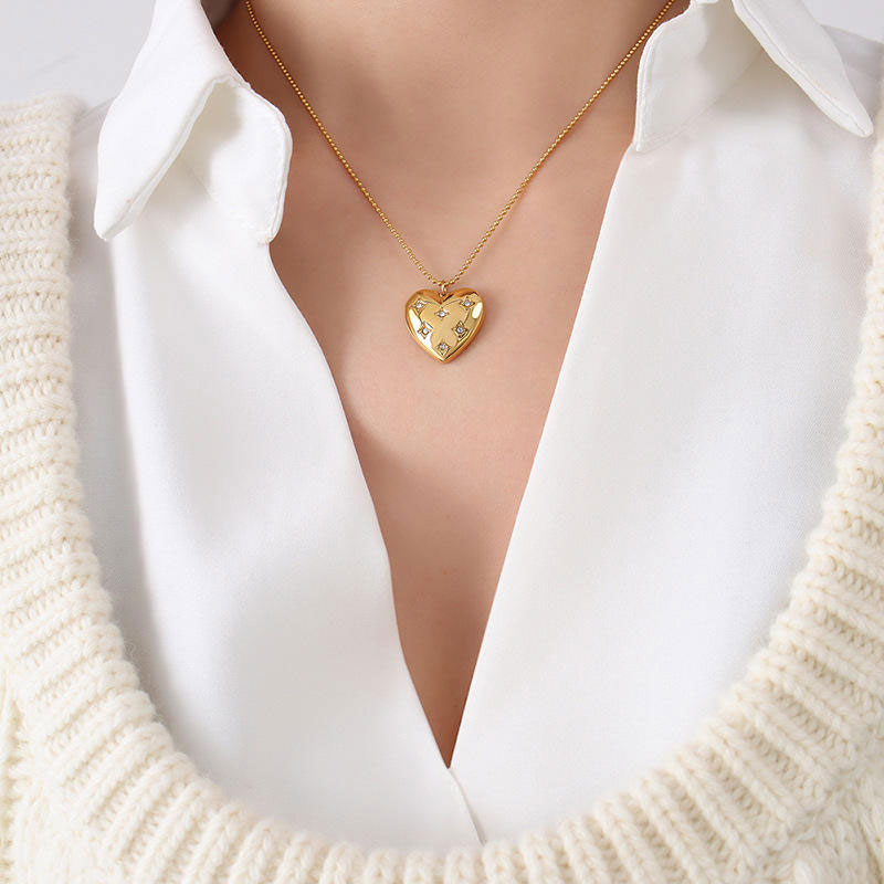Elegant Korean Stainless Steel Necklace for Women Girls with 14K Solid Gold Heart Zirconia Pendant for Anniversary Occasions
