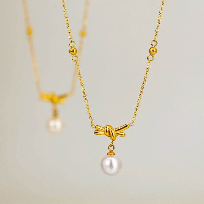 Korean Elegant Stainless Steel Necklace with Pendant Fashion 14K Solid Gold Tiny Pearls Necklace for Women Girls No reviews yet 62 sold #13 hot selling in Fash