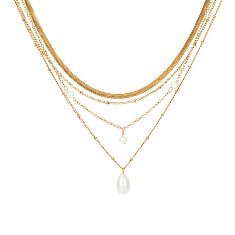 Elegant 18k Gold Plated Multi-Layer Teardrop Pearl Fine Jewelry Necklaces Stainless Steel Fashion Pendant Necklaces for Women