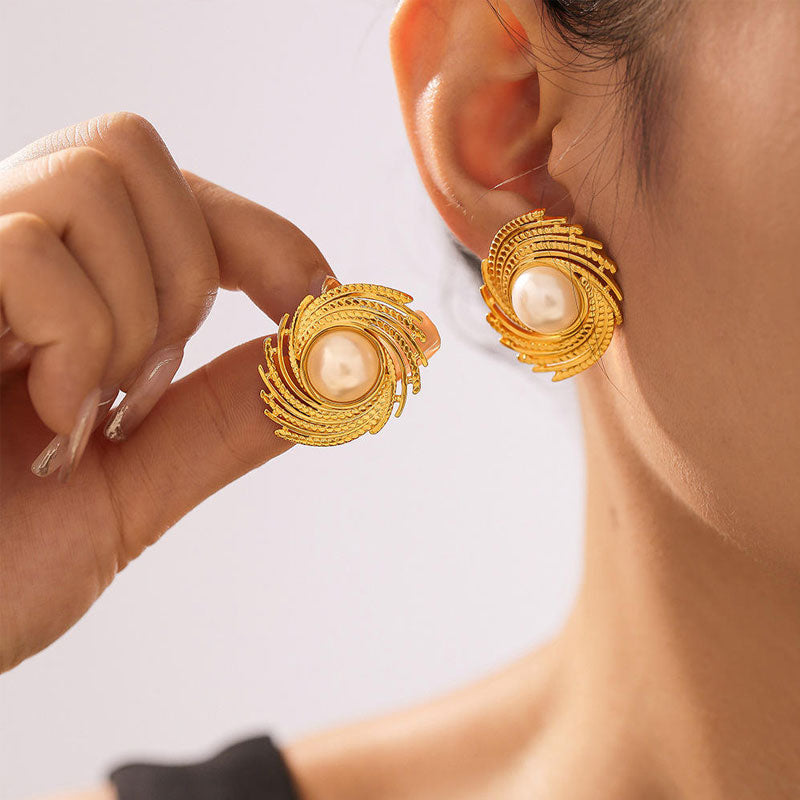 18K Gold Chic Wind Braided Texture Stud Earrings New Geometric Thread Insert Imitation Pearl for Female Stainless Steel Plated