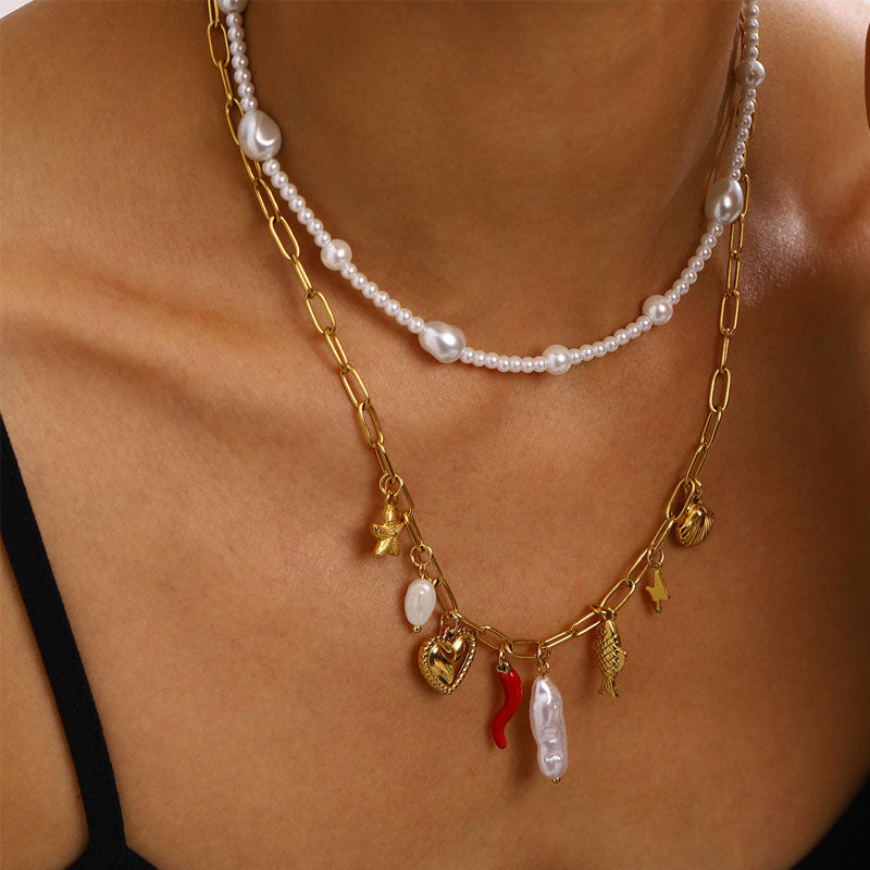 Ocean Style Stainless Steel Pearl Necklace Double Layered and Geometrically Simple Women's Heart-shaped Necklace