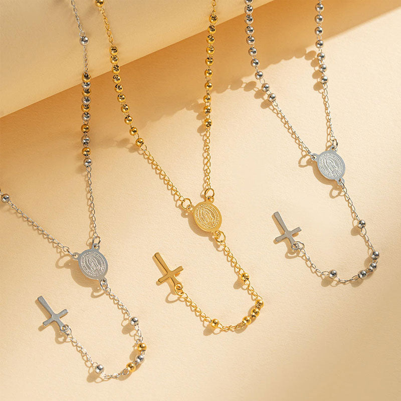 Customized Stainless Steel Fashionable Round Bead Necklace Stainless Steel Dainty Cross Pendant Necklace for Women