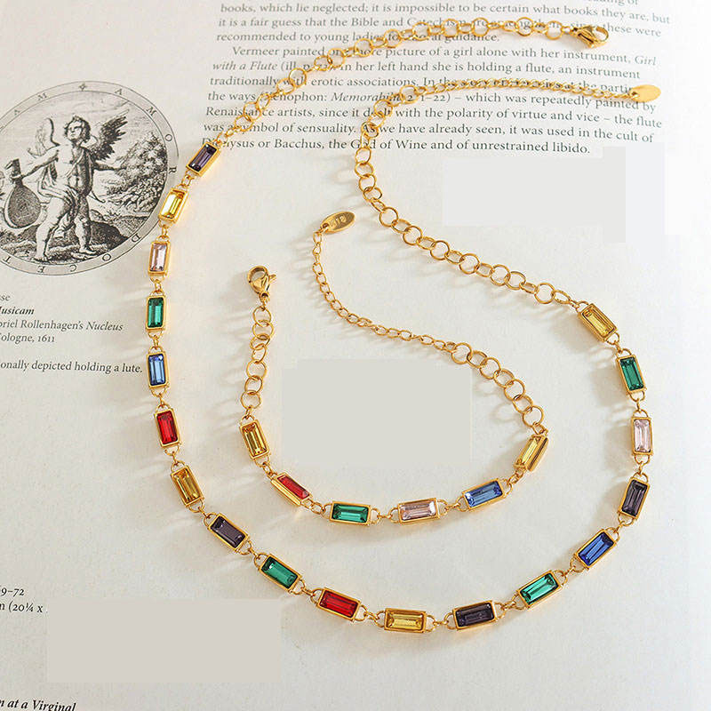 Korean Elegant Stainless Steel Zircon Necklace Fashion 14K Solid Gold Rainbow Tennis Necklace Bracelet Set for Women Girls