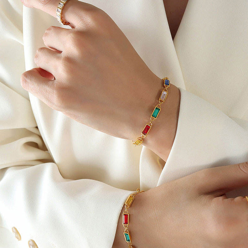 Korean Elegant Stainless Steel Zircon Necklace Fashion 14K Solid Gold Rainbow Tennis Necklace Bracelet Set for Women Girls