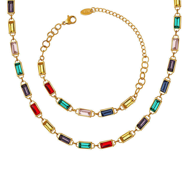 Korean Elegant Stainless Steel Zircon Necklace Fashion 14K Solid Gold Rainbow Tennis Necklace Bracelet Set for Women Girls