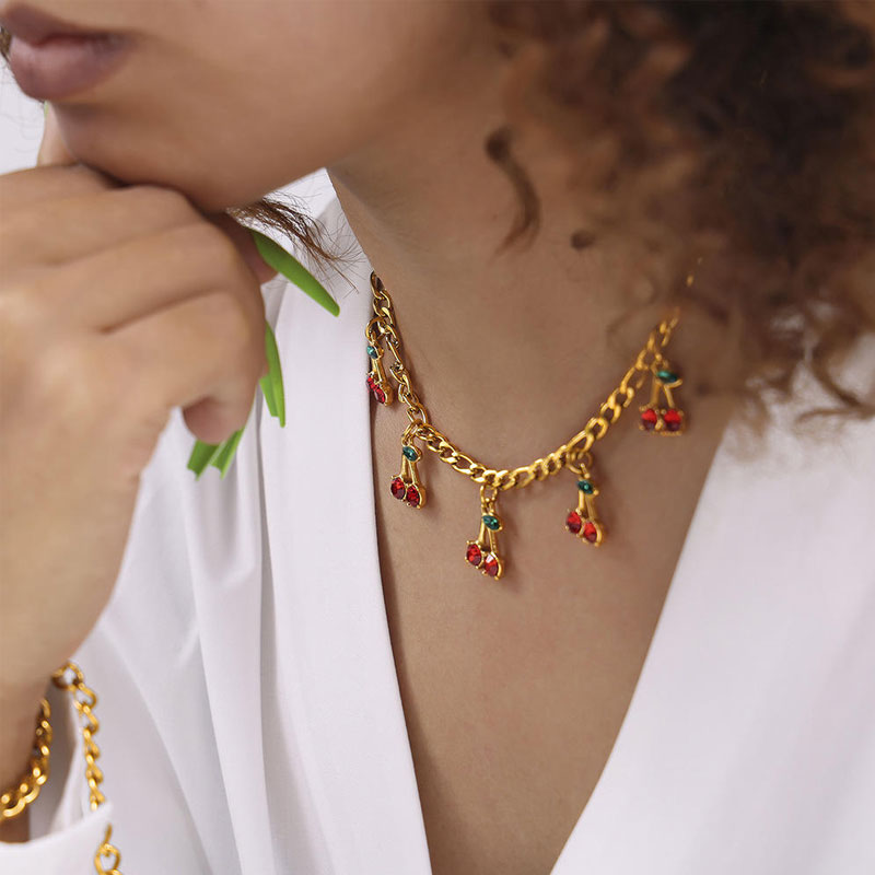 Trendy Anti Tarnish Gold Necklace 18K Real Stainless Steel Red Cherry Station Necklace Set for Women Girls