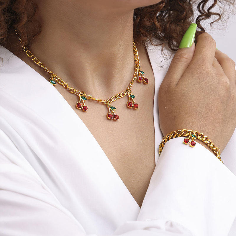 Trendy Anti Tarnish Gold Necklace 18K Real Stainless Steel Red Cherry Station Necklace Set for Women Girls