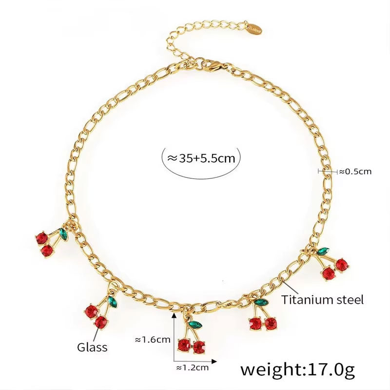 Trendy Anti Tarnish Gold Necklace 18K Real Stainless Steel Red Cherry Station Necklace Set for Women Girls