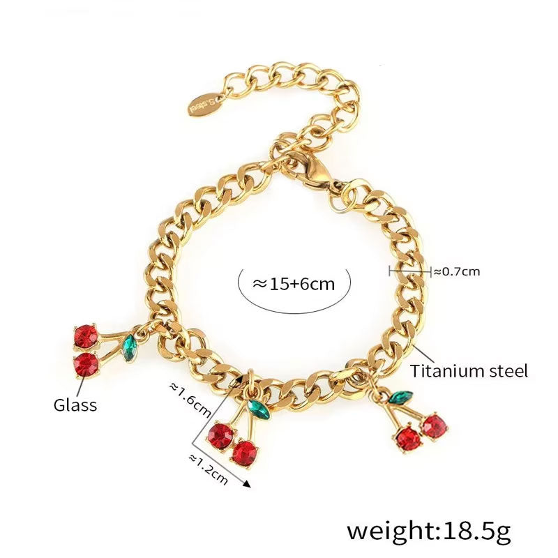 Trendy Anti Tarnish Gold Necklace 18K Real Stainless Steel Red Cherry Station Necklace Set for Women Girls