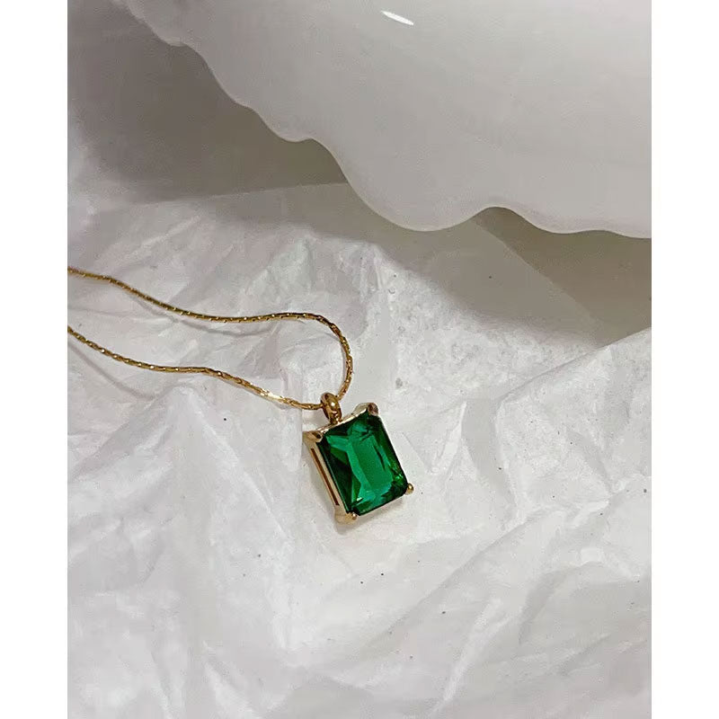 Trendy Anti Tarnish Gold Necklace 18K Real Stainless Steel Fine Jewelry Emerald Zircon Sweater Necklaces for Women