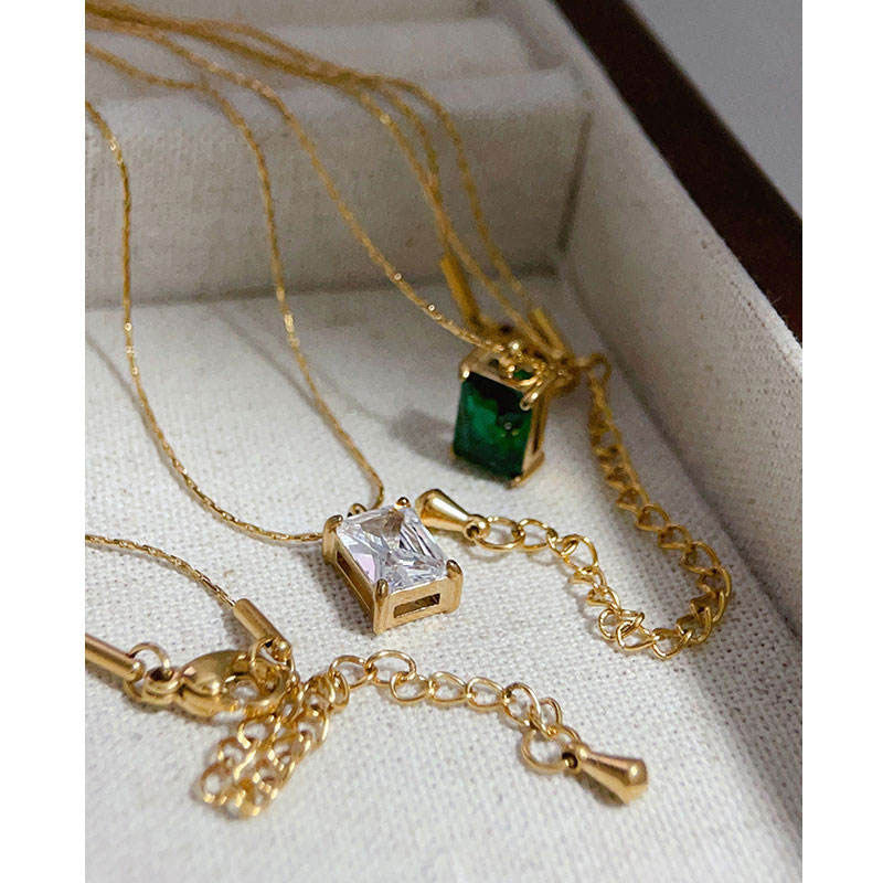 Trendy Anti Tarnish Gold Necklace 18K Real Stainless Steel Fine Jewelry Emerald Zircon Sweater Necklaces for Women