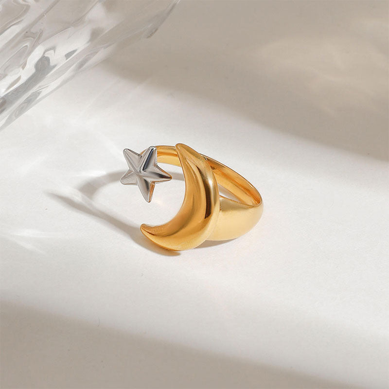 Minimalist 18K Gold Stainless Steel Smooth Color Blocked Star Moon Adjustable Opening Gold-plated Versatile Non Fading Ring