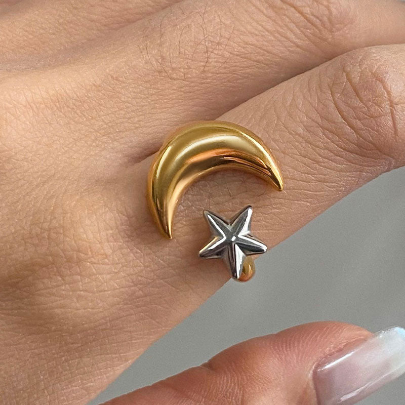 Minimalist 18K Gold Stainless Steel Smooth Color Blocked Star Moon Adjustable Opening Gold-plated Versatile Non Fading Ring