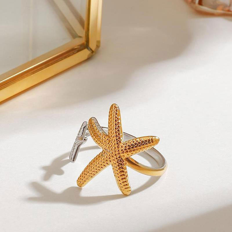 Fashionable Vacation Style Starfish 18K Gold Stainless Steel Ring Color Blocked Asymmetrical Opening Ring