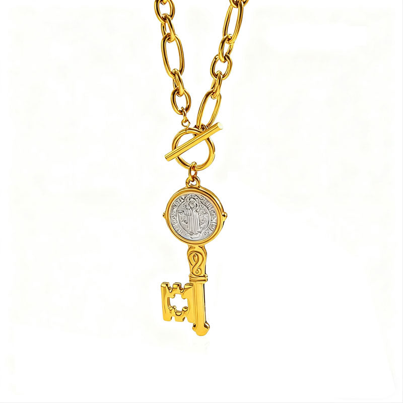Religious No Fading 14K Yellow Gold Necklace Key Pendant Chain Fine Chains Stainless Steel Women's Necklace for Women