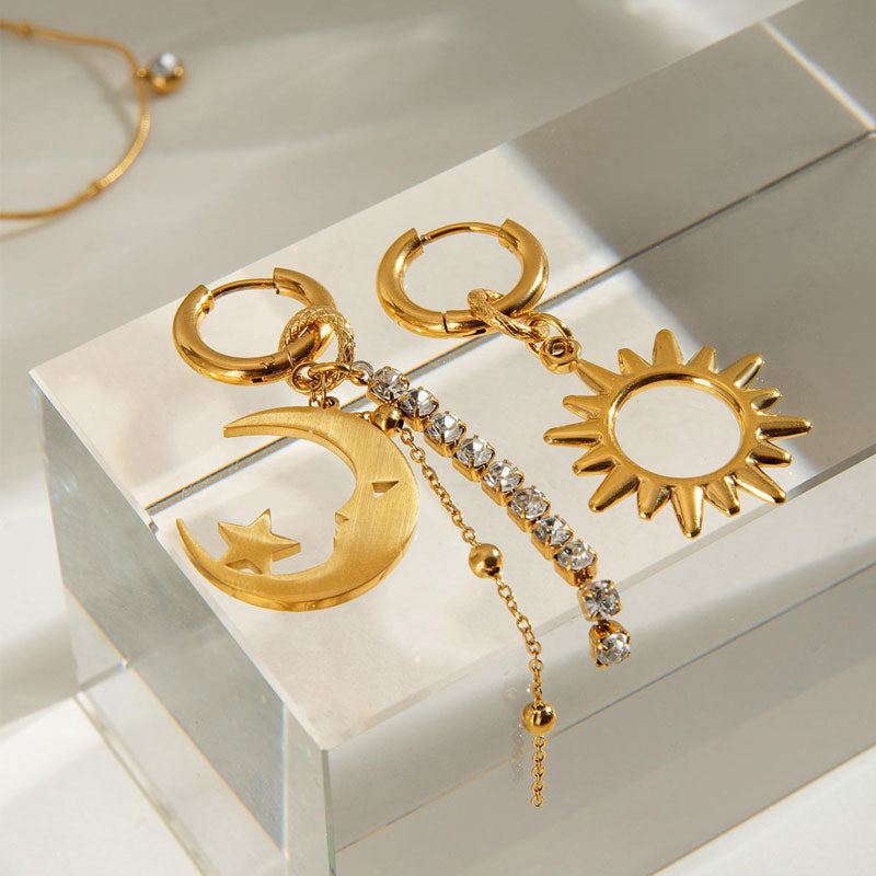 18K Fashionable Gold-plated Tassel Earrings with Geometric Shapes European and American Stainless Steel Star Moon Sun Earrings