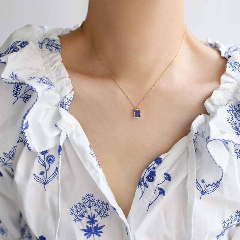New Blue Natural Lapis Lazuli Stone Bead Handmade Jewelry Short Collarbone Chain 18k Gold Plated Stainless Steel Necklace