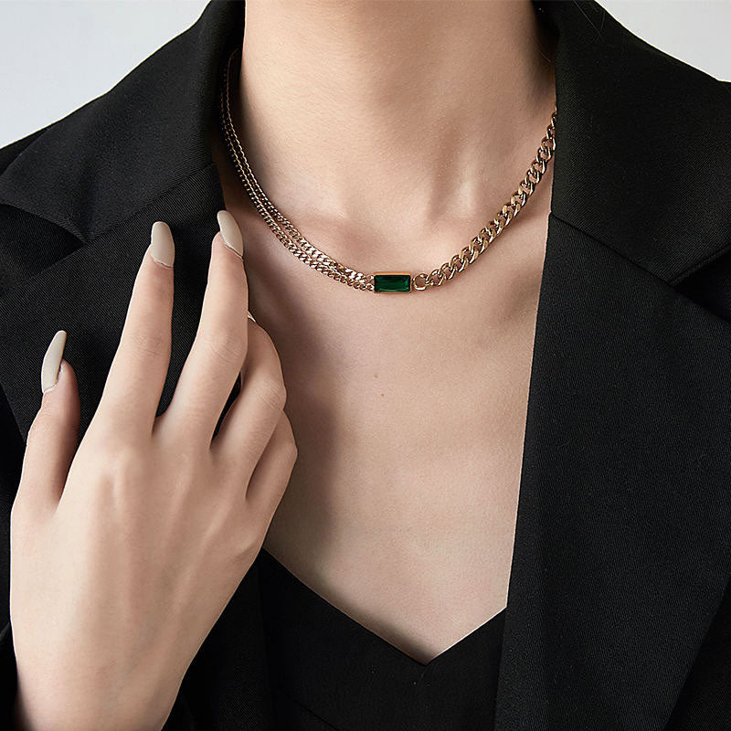 Anti Tarnish Gold Jewelry Necklace 24k Dubai Stainless Steel Zircon Chain Emerald Cut Stone Necklace for Women Men Girls