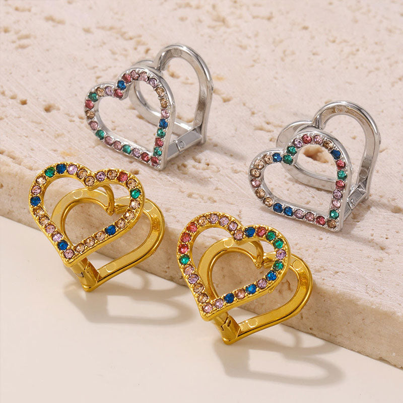 Stainless Steel Mixed Color Zircon Double-sided Earrings 18K Gold Plated Circle Heart Earrings for Women