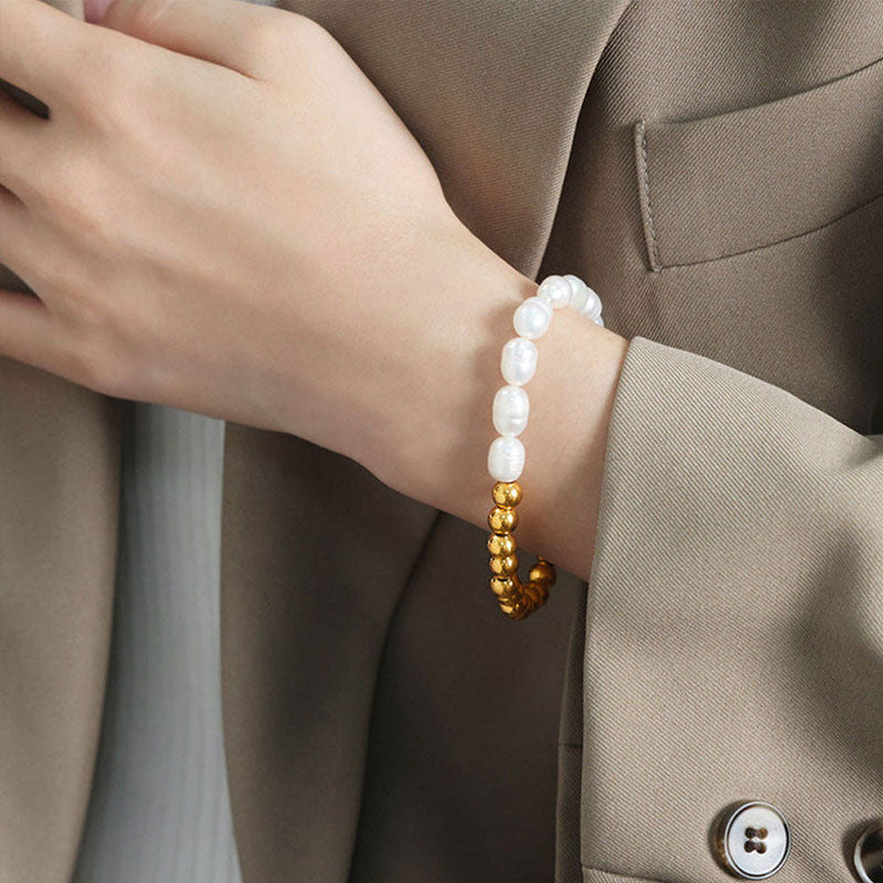 New Arrival Luxury 18K Gold Plated Non-Tarnish High-End Natural Freshwater Pearl Jewelry Bracelet Stainless Steel for Women