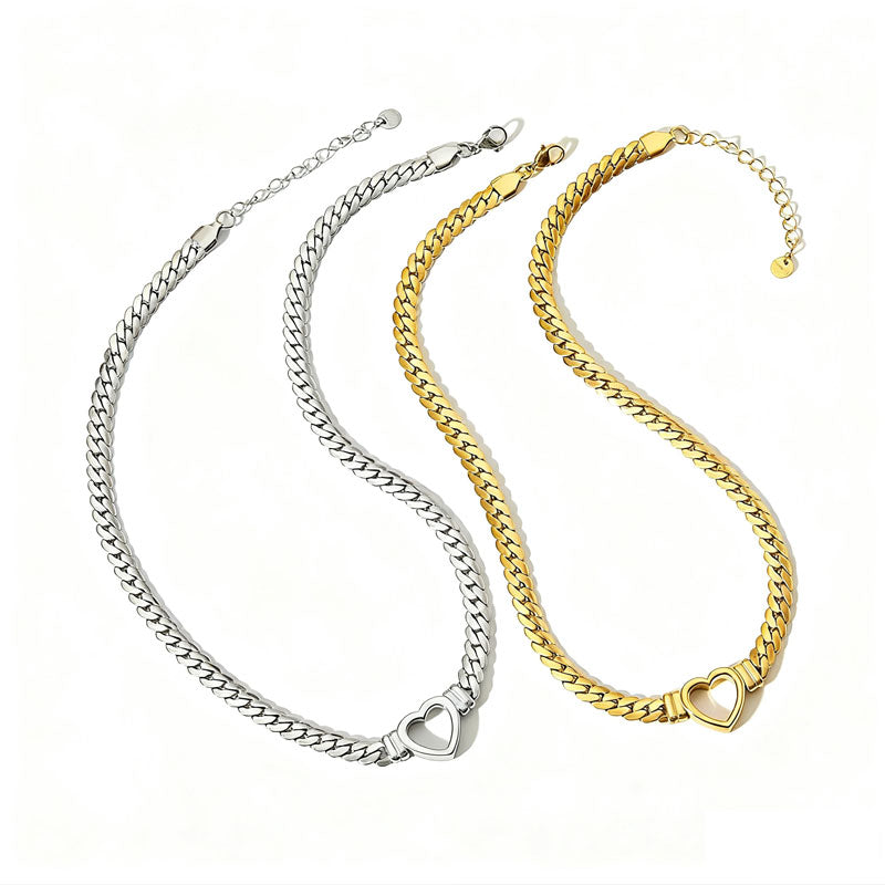 Hyperbole Anti Tarnish Gold Jewelry Necklace 24k Dubai Stainless Steel Heart Chain Necklace for Women Men Girls