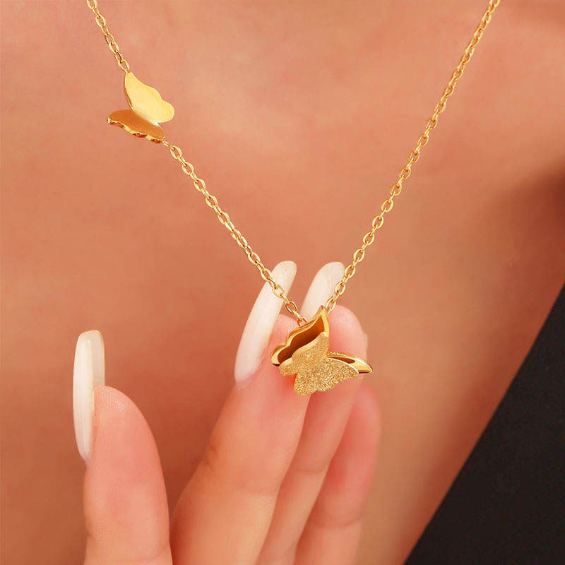 Casual Anti Tarnish Gold Necklace 18K Real Stainless Steel Butterfly Necklace Set for Women Girls