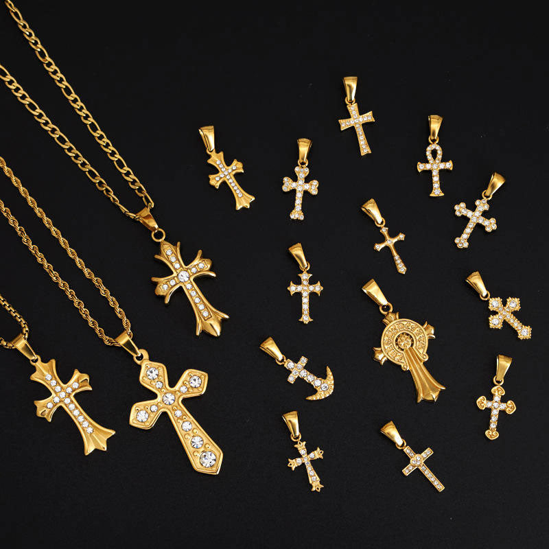 Religious Stainless Steel Necklace with Chain Pendant Fashion 14K 21K Solid Gold Cross Lab Diamond Stone Necklace for Women Men