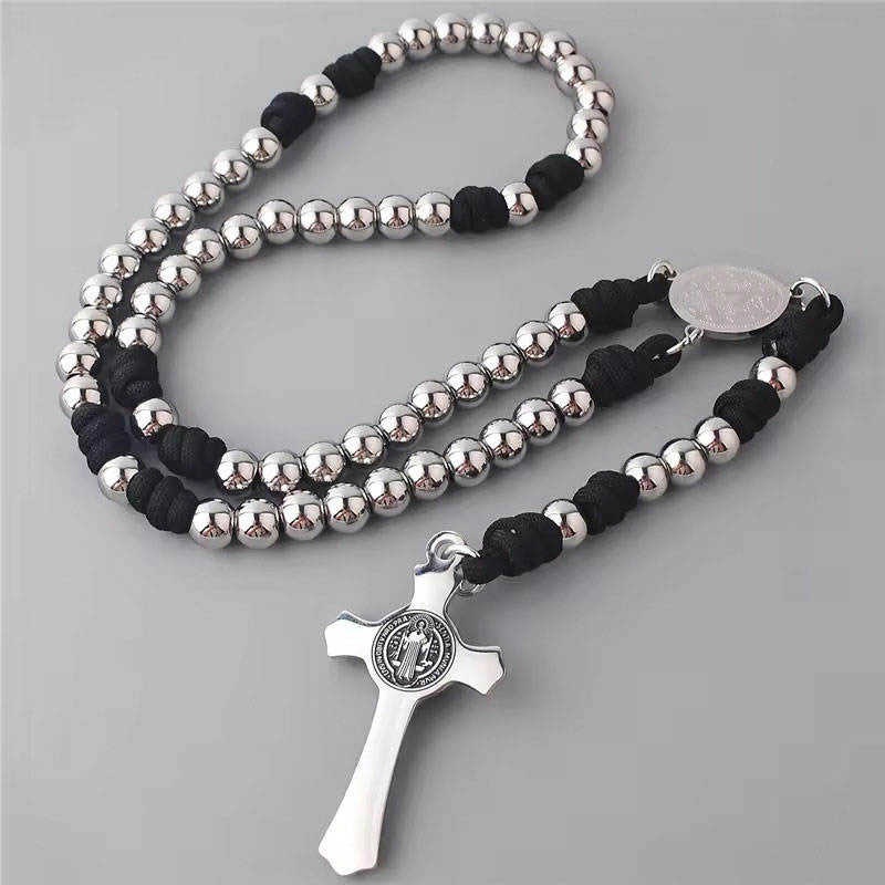 Religious Stainless Steel Anti Tarnish Rosary Beads Catholic Religious Items Products Cross Pendant Necklace for Men