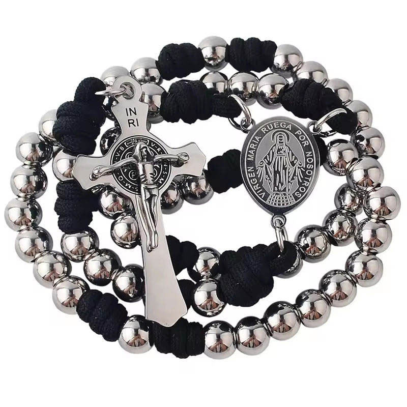 Religious Stainless Steel Anti Tarnish Rosary Beads Catholic Religious Items Products Cross Pendant Necklace for Men