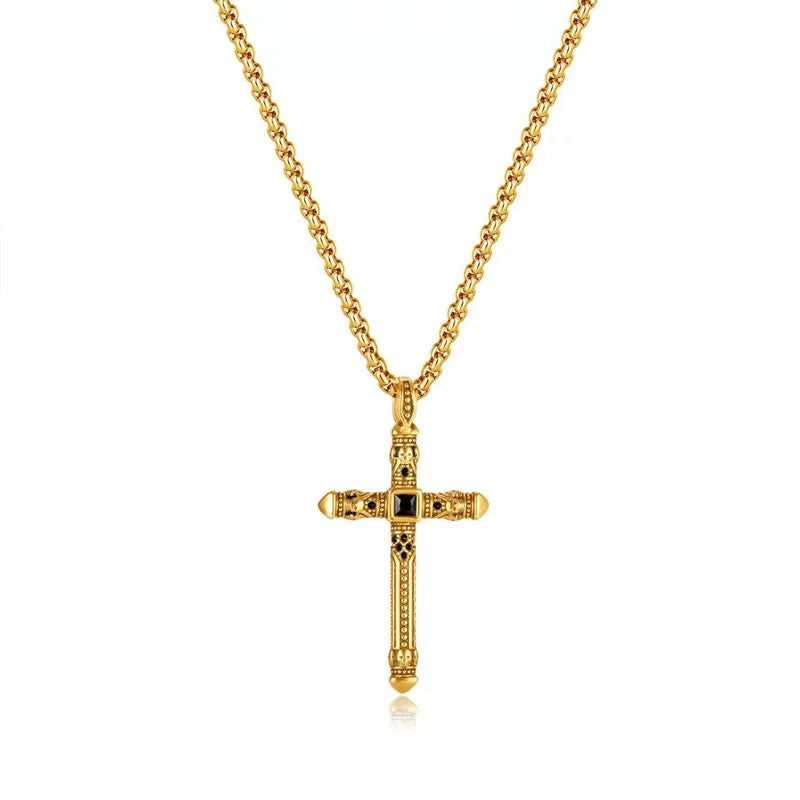 Vintage No Fading18K Gold Plate Dainty Christian Gifts Religious Items Cross Pendant Stainless Steel Necklace for Men Women