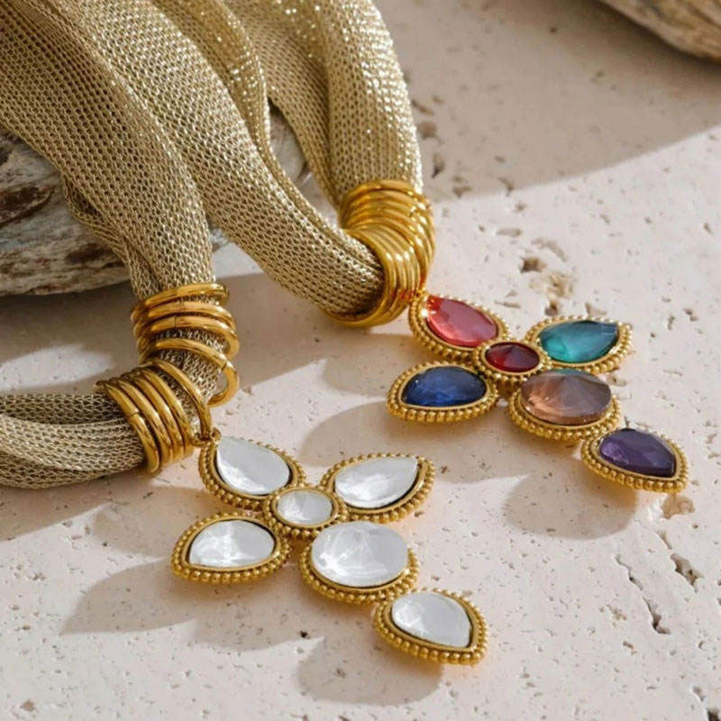 Anti Tarnish Stainless Steel 18K Solid Gold Zircon Religious Items Cross Pendant Necklace Scarf Necklace for Women Girls