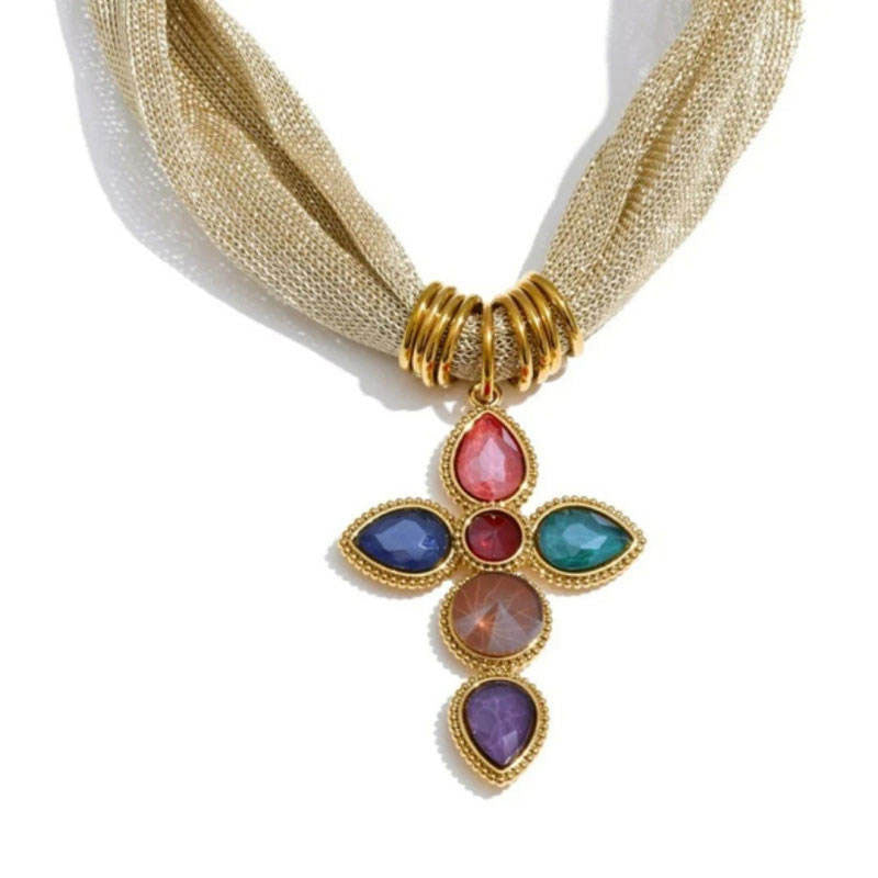 Anti Tarnish Stainless Steel 18K Solid Gold Zircon Religious Items Cross Pendant Necklace Scarf Necklace for Women Girls