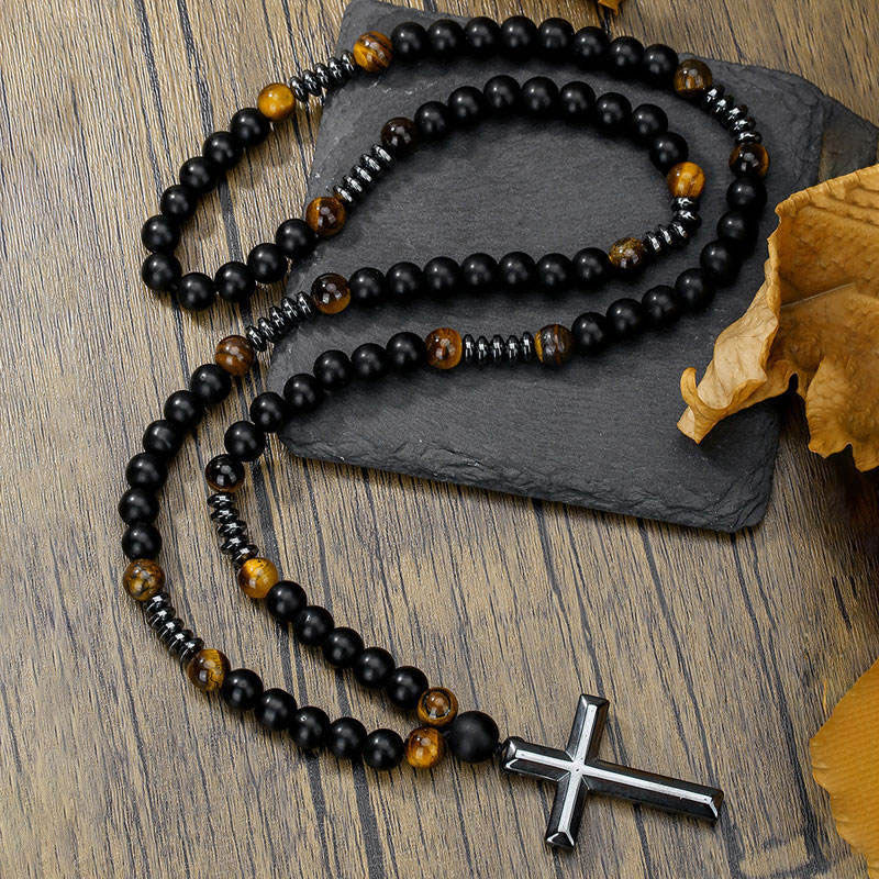 Vintage Non Tarnish Necklaces Tiger's Eye Natural Stone Christian Gifts Religious Cross Pendant Necklace for Men Women No reviews yet 18 sold certified