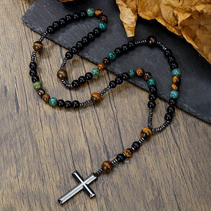 Vintage Non Tarnish Necklaces Tiger's Eye Natural Stone Christian Gifts Religious Cross Pendant Necklace for Men Women No reviews yet 18 sold certified