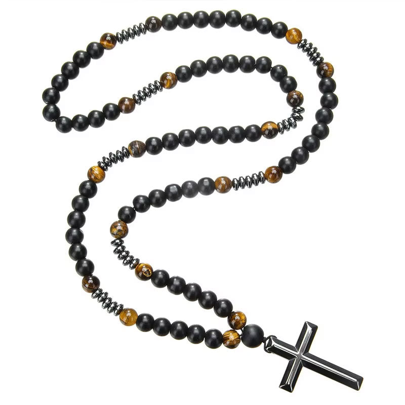 Vintage Non Tarnish Necklaces Tiger's Eye Natural Stone Christian Gifts Religious Cross Pendant Necklace for Men Women No reviews yet 18 sold certified