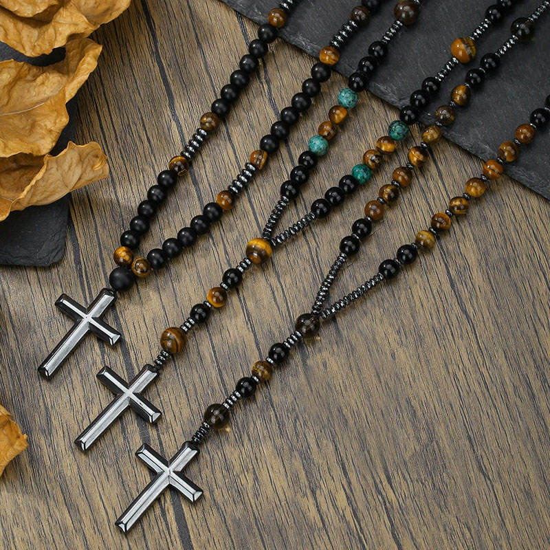 Vintage Non Tarnish Necklaces Tiger's Eye Natural Stone Christian Gifts Religious Cross Pendant Necklace for Men Women No reviews yet 18 sold certified
