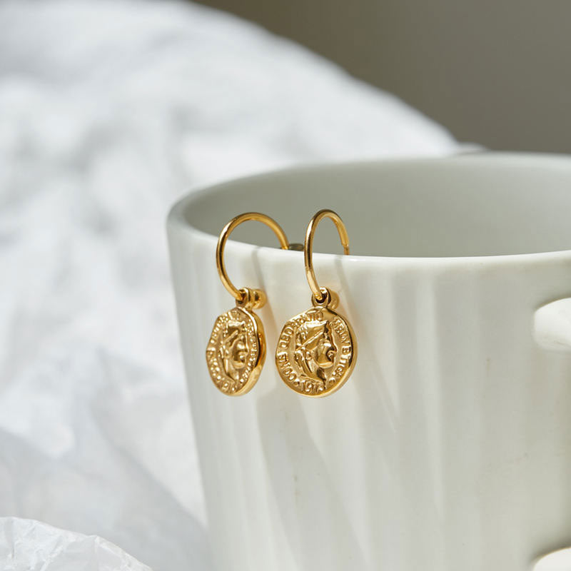 Fashion Design High Quality Wholesale Waterproof Stainless Steel PVD 18K Gold Plated Coin Earrings