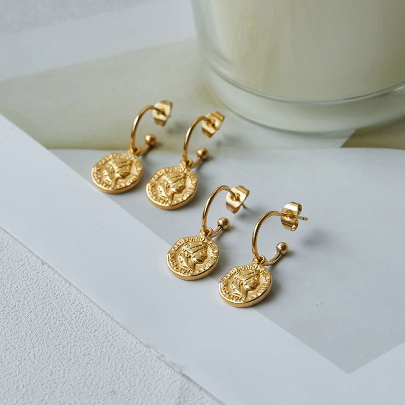 Fashion Design High Quality Wholesale Waterproof Stainless Steel PVD 18K Gold Plated Coin Earrings