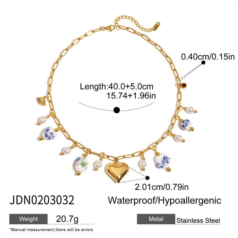 Trendy Anti Tarnish Gold Necklace 18k Real Stainless Steel Ceramic Heart Zircon Pearl Pendant Necklace for Women Girls