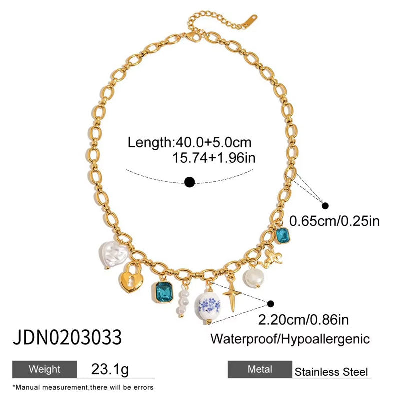 Trendy Anti Tarnish Gold Necklace 18k Real Stainless Steel Ceramic Heart Zircon Pearl Pendant Necklace for Women Girls